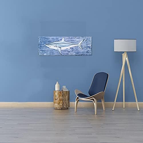 Стенно изкуство SYGALLERIER Shark върху Платно с текстура - Картини с Риби в Синьо-бял цвят - Съвременно Произведение на изкуството от Морски живот, за Хол, Спалня, Баня