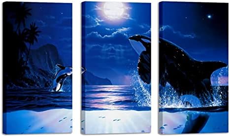 Стенно Изкуство за Всекидневната, Живопис с маслени бои Върху Платно, Големи Китове в Рамка, на Лунна Светлина, Произведения на