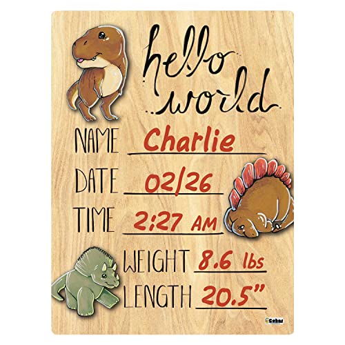 Дървена табела с обявяването на акта за раждане на новороденото от Cohas Здравей, свят с модел на динозавър, 5 до 7 инча, без маркер