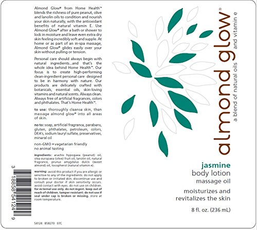 Лосион за тяло Home Health Almond Glow Жасмин - 8 течни унции - Хидратиращ крем за кожата и Масажно масло с фъстъчено, маслиново