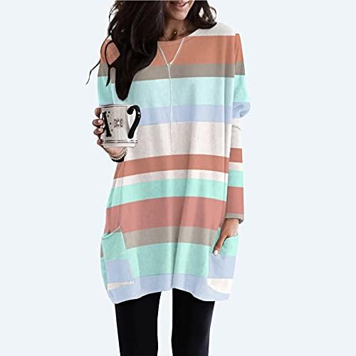 Жена случайни пуловер с дълъг ръкав в цвят блок, тениски с кръгло деколте и джоб райе, ризи, блузи, блузи