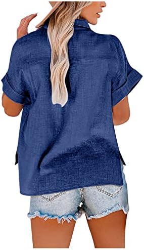 Дамски Ежедневни Риза с Преден джоб, Класически Обикновена Ризи с Копчета и Къс ръкав, Летни Свободни Блузи с V-образно деколте,