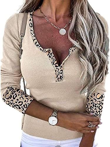 Жена Нова Леопардовый Трикотажный Топ С V Образно деколте и Копчета, Дамски Блузи, Риза, Блуза