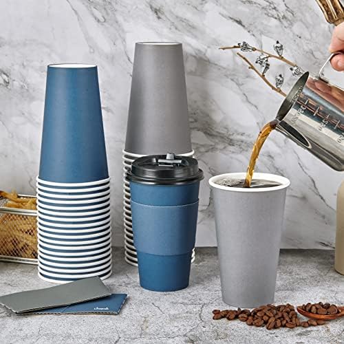Хартиени чаши кафе на 100 опаковките на 16 унции, за Еднократна употреба кафени чашки с капаци, втулками и пръчици за разбъркване,