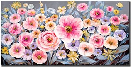 Картини с маслени бои HSODONU, 24x48 Инчов Модел Цветни Блестящи Розови цветя, Ръчно Рисувани с маслени Бои Стенно Изкуство 3D Ръчно