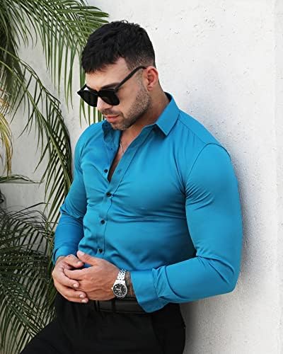 RPOVIG Мъжки ризи Muscle Dress: Ежедневни Еластична тениска без бръчки копчета с дълъг ръкав Спортни cut