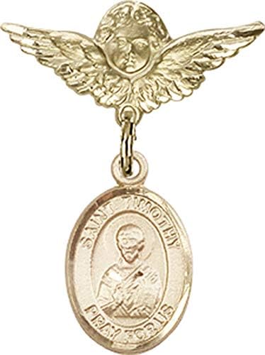 Детски икона Jewels Мания за талисман на Свети Тимотей и пин Ангел с крила | Детски иконата със златен пълнеж с талисман на Свети