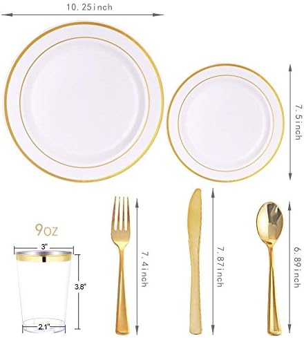 WELLIFE 150 Бр Златни Пластмасови чинии с Еднократно златен столовым сребро, включва: 25 заведения за хранене чинии 10,25-инчов, 25 Десертни чинии 7,5 инча, 25 златни чаши 9 грам?