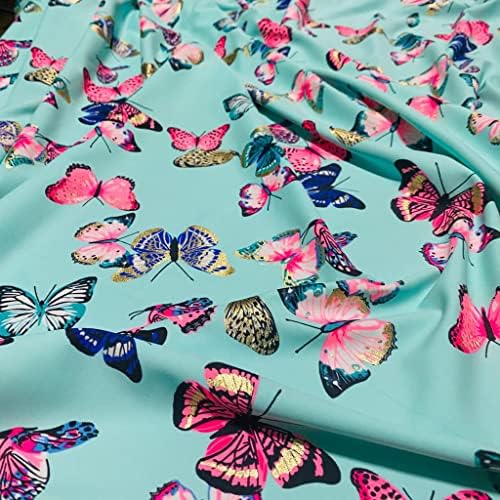 TelasLycraCom - (Цвят на пеперуди и принт върху син фон) Непрекъснат парцела x 60 см, 4-лентови еластичната тъкан от ликра с идеалното тегло за бански костюми (80% найлон 20% ликр