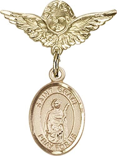 Детски икона Jewels Мания за талисман на Свети Грейс и пин Ангел с крила | Детски иконата със златен пълнеж с талисман Свети Грейс