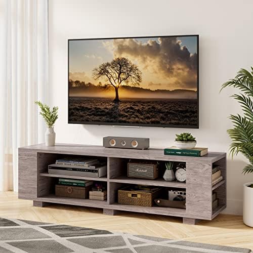 Поставка за телевизор от дърво Тангкула за телевизори с плосък екран до 65 инча, Модерен Развлекателен център с 8 Отворени Рафтове,