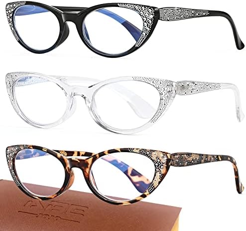 ABEJOJO, 3 опаковки очила за четене котешко око за жени, модни компютърни дизайнерски очила за четене със синя светлина, извити линия