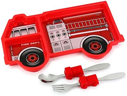 Разделението чиния с прибори за деца - Комплект за бебешка храна с купа, Вилица и лъжица - Пожарна кола