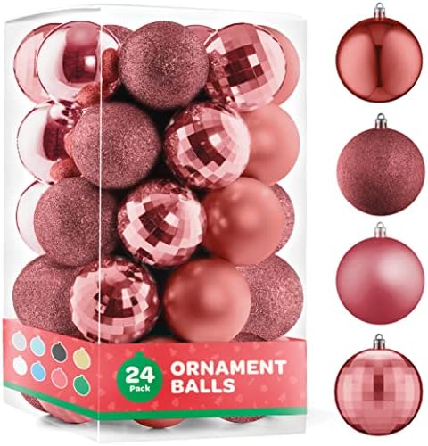 Комплект коледни орнаменти от 24 красиви [Розово-златни] украса за Коледната елха, Комплектът бижута - 4 Стил, Лъскав/Мат/Slr/Блестящи,