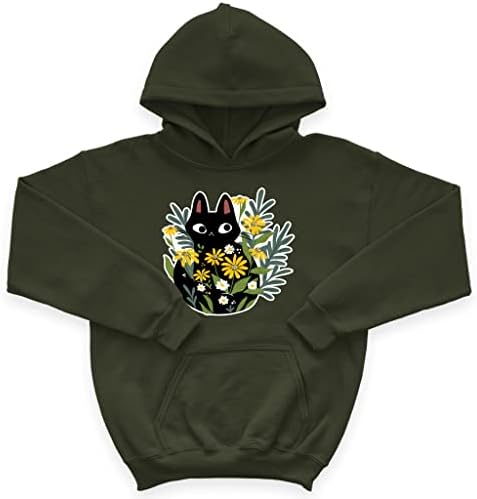 Детска hoody с качулка от порести руно Котка - Черна hoody с качулка с цветя за деца - Графична hoody с качулка за деца
