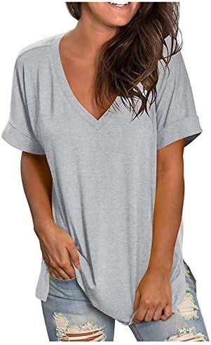 Дамски Летни блузи, Удобни Ежедневни тениски свободно намаляване с V-образно деколте и къс ръкав, Блузи, Дамски Блузи, Топове Размер