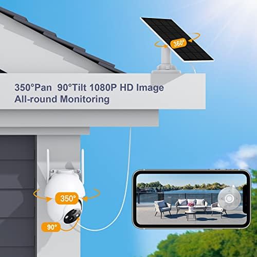 Слънчеви охранителни Камери Безжични Външни, PTZ WiFi Слънчево Помещение с преглед на 360 °, Задвижвани от батерия, Прожектор, Нощно