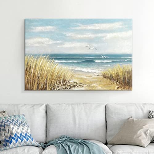 Плажна Картина Върху Платно, Стенно Изкуство: Хол, Абстрактна Живопис с Океана, Спалня, Голям Модерен Крайбрежен Морски Пейзаж,