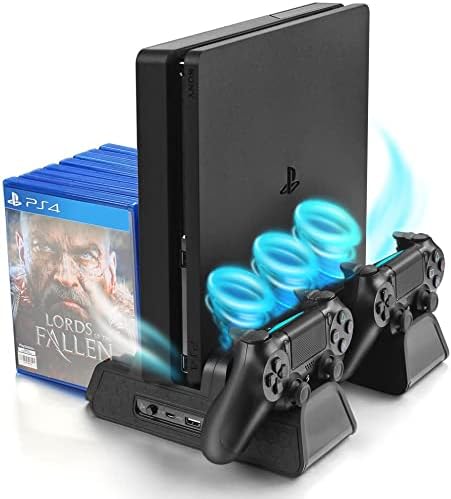 Вертикална поставка за PS4/PS4 Slim/PS4 Pro - Охлаждащ вентилатор с контролер Зарядно устройство PS4, зарядно устройство с хранилището на игри (черен)