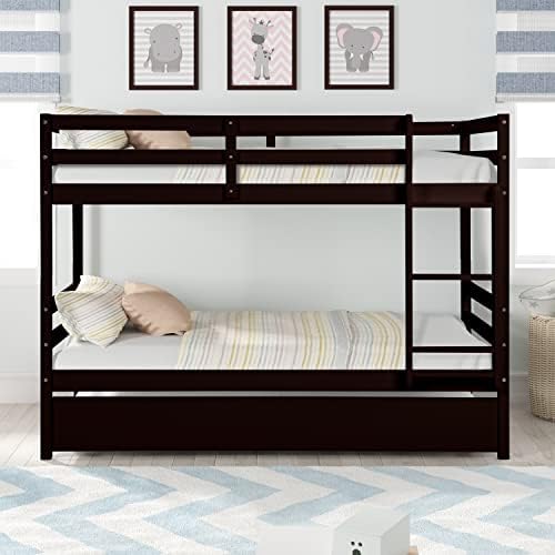 Двуетажно легло EMKK Twin Over Twin, с чекмедже, Свалящ Двуетажно легло с чекмедже, Издръжлив рамка от иглолистна дървесина, Перфектно за детска стая, спални за Гости, Сив