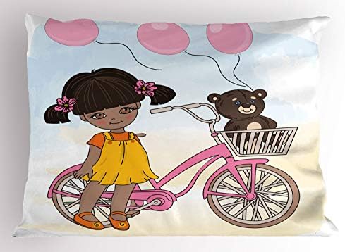 Фалшива Велосипедна възглавница Lunarable, Цветна Карикатура за Момиченце с мотора-мече и балони, Декоративна Калъфка Стандартен размер с Принтом, 26 X 20, Многоцветен