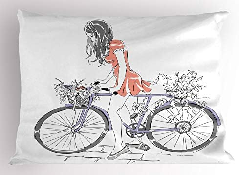 Фалшива Велосипедна възглавница Lunarable, Изображението в стила на Скица с Младо Момиче в Рокля, Едущей на велосипед, Декоративна