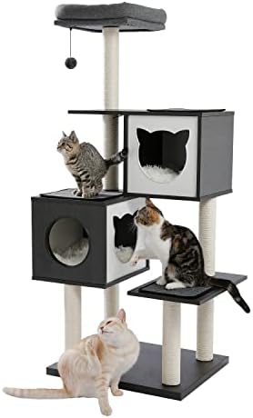 Когтеточка за коте GRETD Котка на Дърво с играчка мишка Легло на най-високо ниво за почивка от сезал за игри (Цвят: сив, размер: