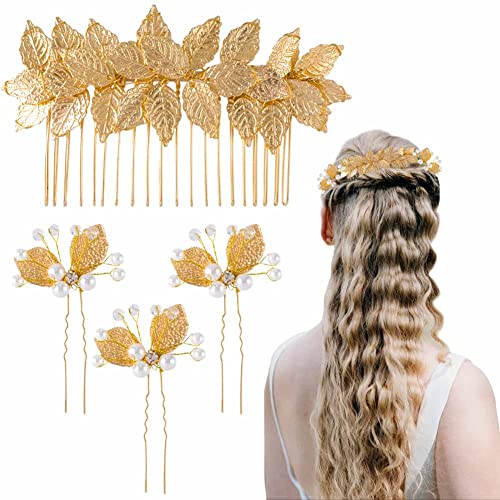 4 Опаковки Златни Аксесоари за коса, за жени, Сватбен Елегантен Гребен За коса с Листа + Реколта Сватбени U-Образни Щипки за коса,