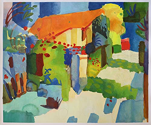 Къщата, в градината - възпроизвеждане на картини с маслени бои Август Мак, ръчно рисувани, червен покрив, жълтата барака в пейзаж, интериор на големи стени във фамил?