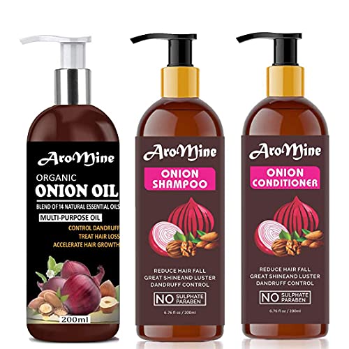 Комбиниран комплект за грижа за косата на Мария Хъб Aromine Onion Oil (масло, Червен лук + шампоан червен лук + Климатик червен лук) За здрава и дълга коса, 200 мл