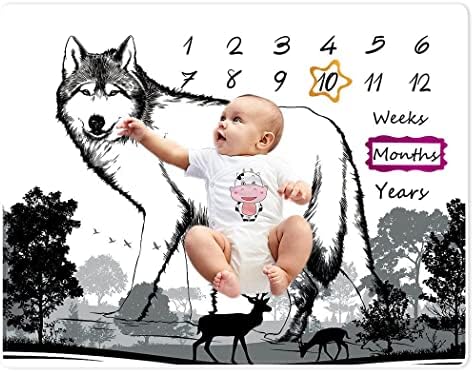 Одеало OHTMTHO Baby Monthly Milestone, Бебешки Одеала за момчета | Момичета, Одеало за Снимки на Новородени с Маркер Milestone, Вълк и Елен, 40 х 50
