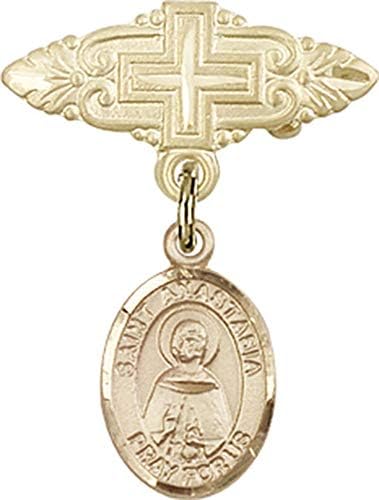 Детски икона Jewels Мания за талисман Света Анастасия и игла за бейджа с Кръст | Детски икона от 14-каратово злато с талисман Света