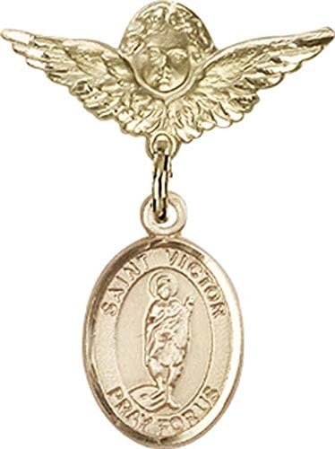 Детски икона Jewels Мания за талисман на Светия Виктор Марсельского и пин Ангел с крила | Детски иконата със златен пълнеж с талисман