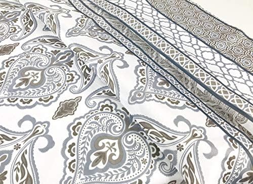 Завеса за душ от сиво-сиво-бяла кърпа: Дамаск в цветенце с геометрична кант (Дариън)