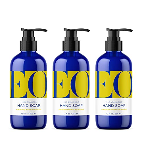Течен сапун за ръце EO, 12 унции (опаковка от 3 броя), Лимон и евкалипт, Органично нежно почистващо средство на растителна основа