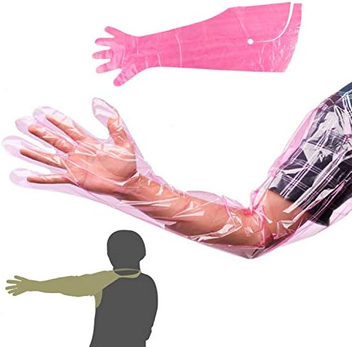 YouU UoYu Ръкавици за Еднократна употреба от меки пластмасови протектори, ръкавици за разглеждане на дълги ръце, ръкавици за изкуствено осеменяване, 10 бр розов цвят (мо